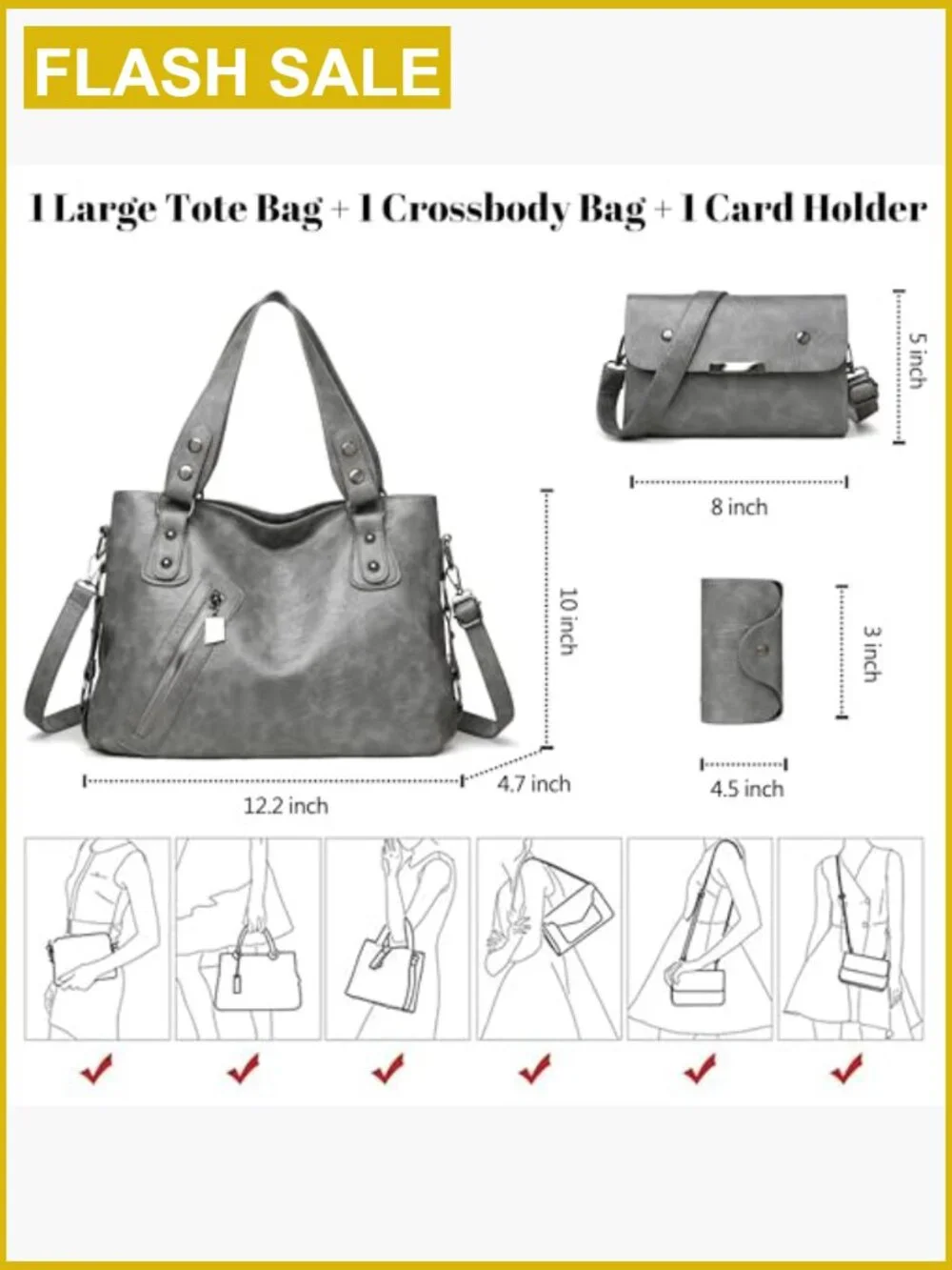3-Piece Vegan Leather Tote Set with Crossbody and Clutch